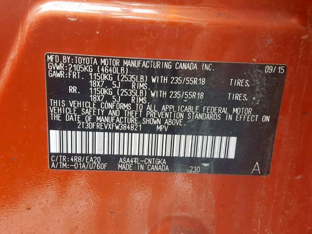 2T3DFREVXFW384821 - 2015 TOYOTA RAV4 LIMIT ORANGE photo 10