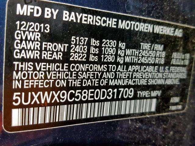 5UXWX9C58E0D31709 - 2014 BMW X3 XDRIVE2 BLUE photo 10