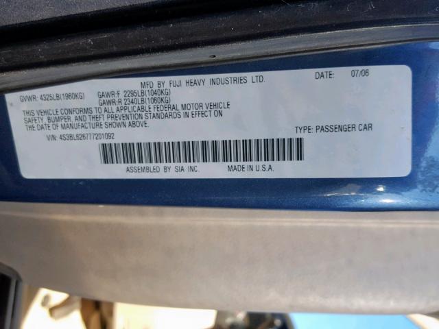 4S3BL626777201092 - 2007 SUBARU LEGACY 2.5 BLUE photo 10