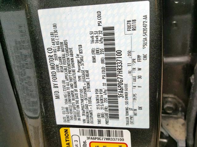 3FA6P0G77HR337100 - 2017 FORD FUSION S CHARCOAL photo 10