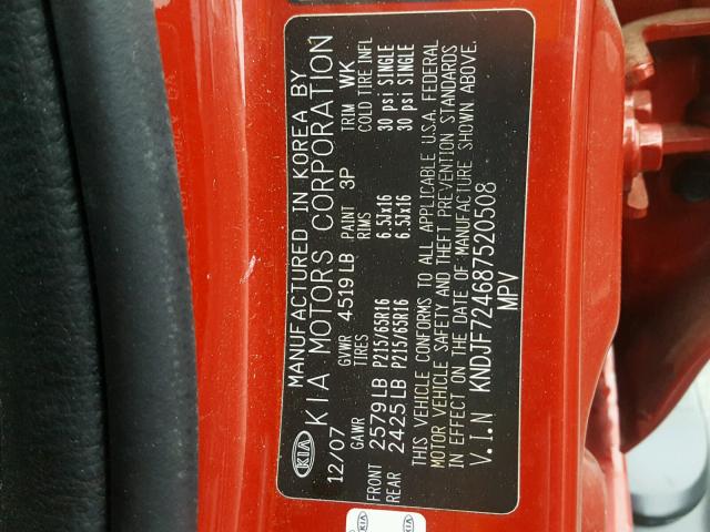 KNDJF724687520508 - 2008 KIA SPORTAGE L RED photo 10