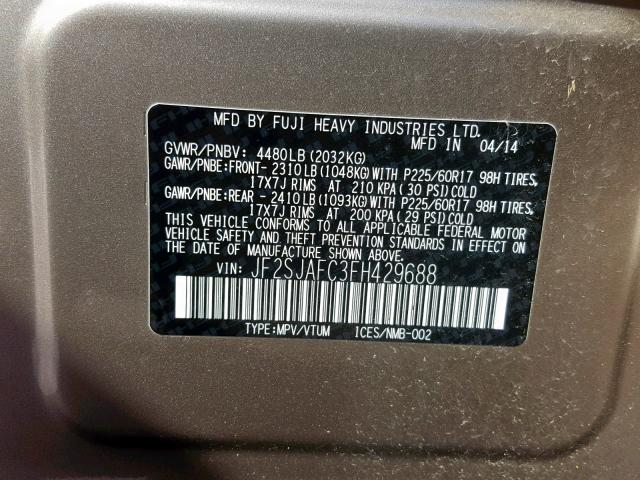 JF2SJAFC3FH429688 - 2015 SUBARU FORESTER 2 BEIGE photo 10