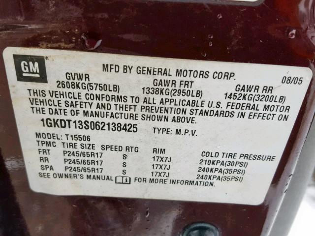 1GKDT13S062138425 - 2006 GMC ENVOY BURGUNDY photo 10