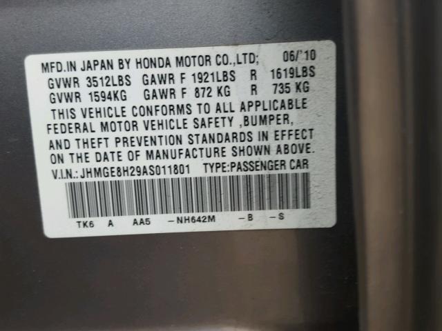 JHMGE8H29AS011801 - 2010 HONDA FIT SILVER photo 10