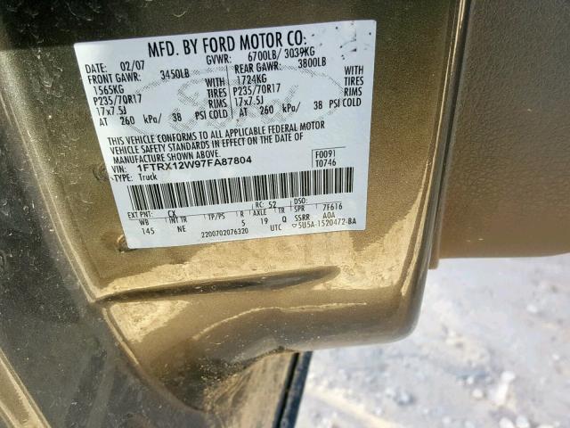 1FTRX12W97FA87804 - 2007 FORD F150 GRAY photo 10