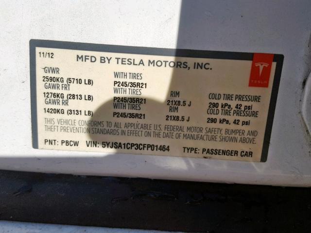 5YJSA1CP3CFP01464 - 2012 TESLA MODEL S WHITE photo 10