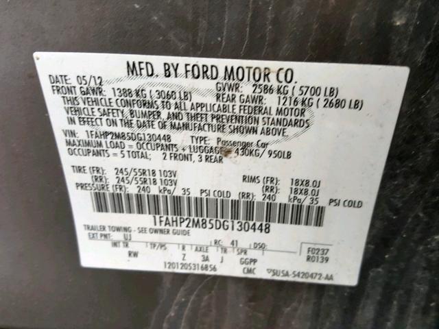 1FAHP2M85DG130448 - 2013 FORD TAURUS POL GRAY photo 10