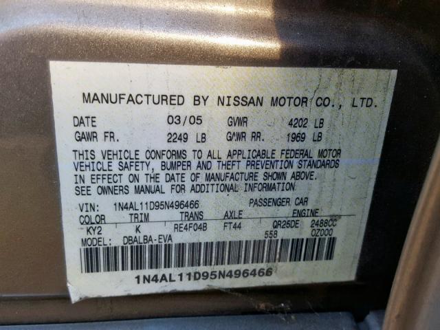 1N4AL11D95N496466 - 2005 NISSAN ALTIMA S GOLD photo 10