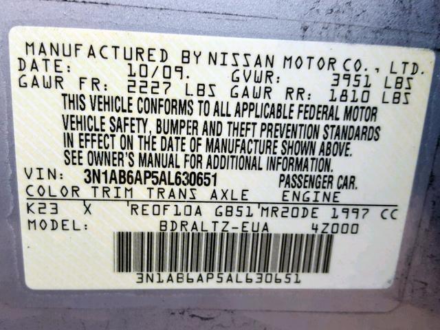 3N1AB6AP5AL630651 - 2010 NISSAN SENTRA 2.0 SILVER photo 10