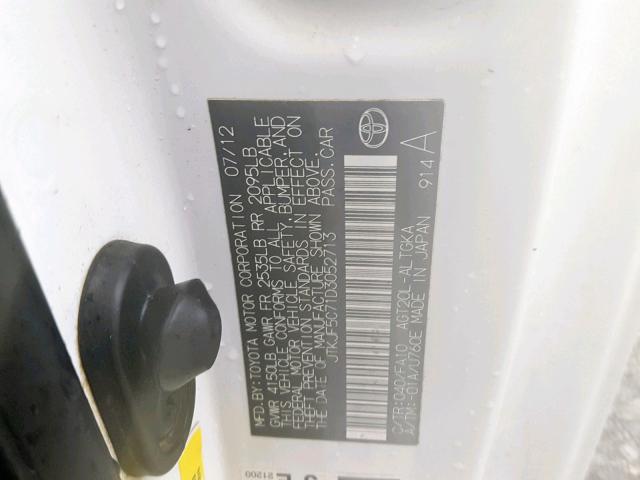 JTKJF5C71D3052713 - 2013 TOYOTA SCION TC თეთრი ფოტო 10