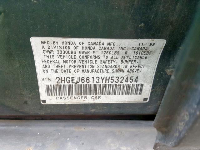 2HGEJ6613YH532454 - 2000 HONDA CIVIC BASE Yaşıl foto 10