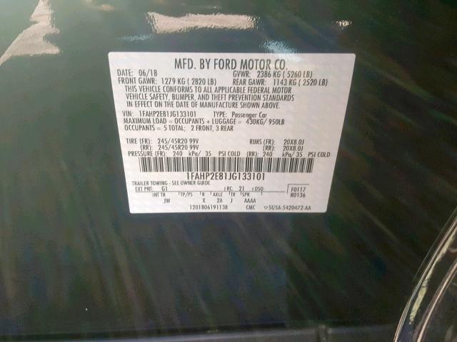 1FAHP2E81JG133101 - 2018 FORD TAURUS SEL BLACK photo 10