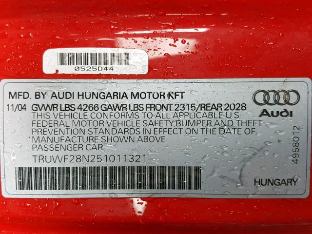 TRUWF28N251011321 - 2005 AUDI TT 3.2 QUA RED photo 10