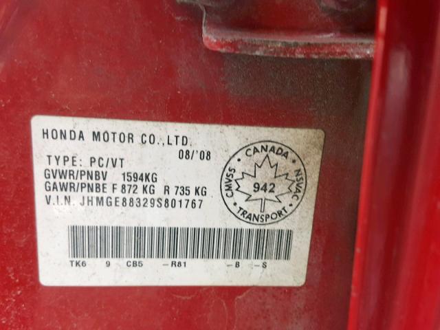 JHMGE88329S801767 - 2009 HONDA FIT DX-A RED photo 10