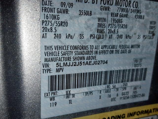 5LMJJ2J51AEJ02704 - 2010 LINCOLN NAVIGATOR SILVER photo 10