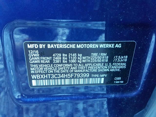 WBXHT3C34H5F79399 - 2017 BMW X1 XDRIVE2 BLUE photo 10