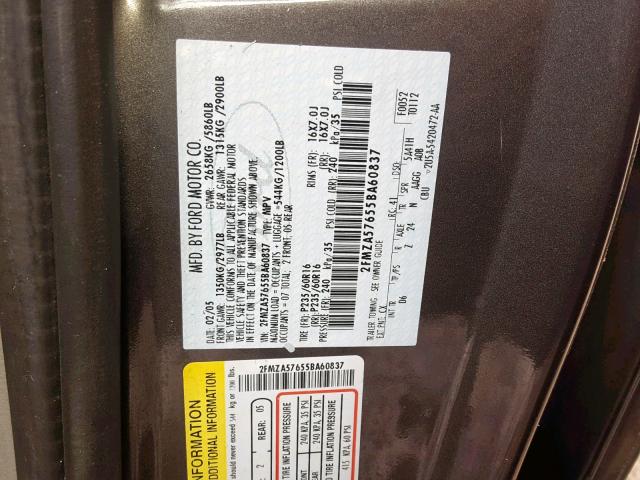 2FMZA57655BA60837 - 2005 FORD FREESTAR S GRAY photo 10