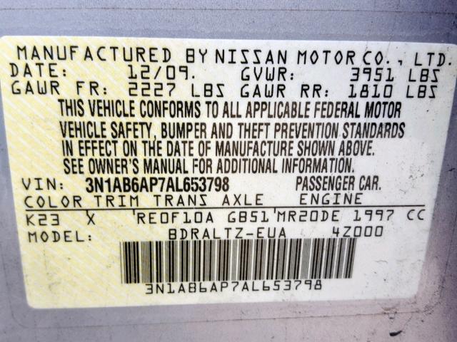 3N1AB6AP7AL653798 - 2010 NISSAN SENTRA 2.0 SILVER photo 10