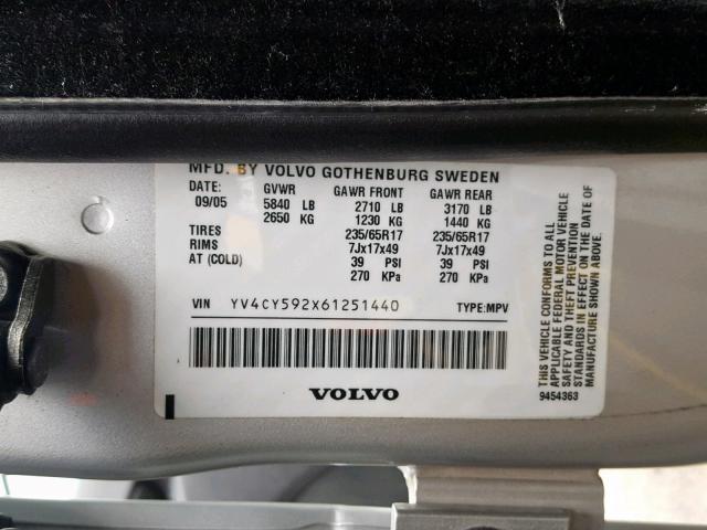 YV4CY592X61251440 - 2006 VOLVO XC90 SILVER photo 10