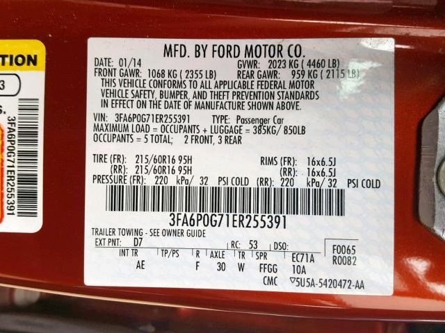 3FA6P0G71ER255391 - 2014 FORD FUSION S RED photo 10