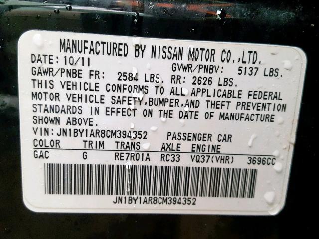 JN1BY1AR8CM394352 - 2012 INFINITI M37 X BLACK photo 10