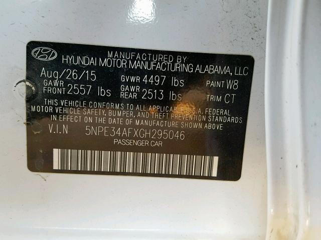 5NPE34AFXGH295046 - 2016 HYUNDAI SONATA SPO WHITE photo 10