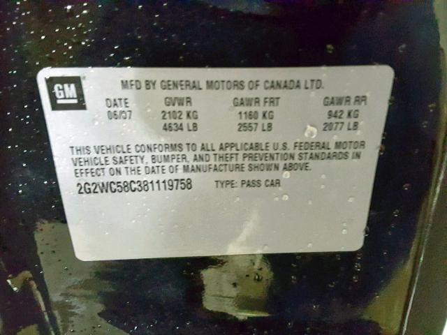 2G2WC58C381119758 - 2008 PONTIAC GRAND PRIX BLACK photo 10