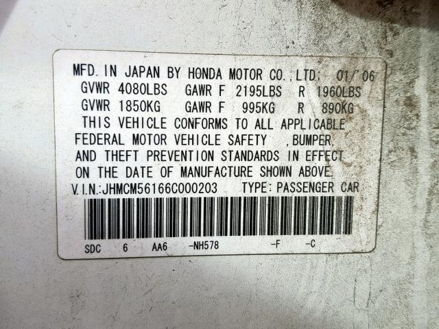 JHMCM56166C000203 - 2006 HONDA ACCORD VAL WHITE photo 10