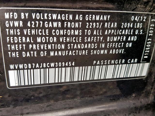 WVWDB7AJ8CW309454 - 2012 VOLKSWAGEN GOLF 黑色 照片 10