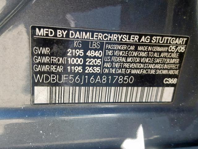 WDBUF56J16A817850 - 2006 MERCEDES-BENZ E 350 GRAY photo 10