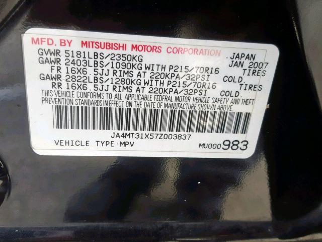 JA4MT31X57Z003837 - 2007 MITSUBISHI OUTLANDER BLACK photo 10