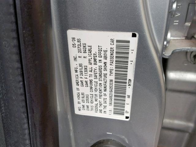 19UUA66216A053336 - 2006 ACURA 3.2TL SILVER photo 10