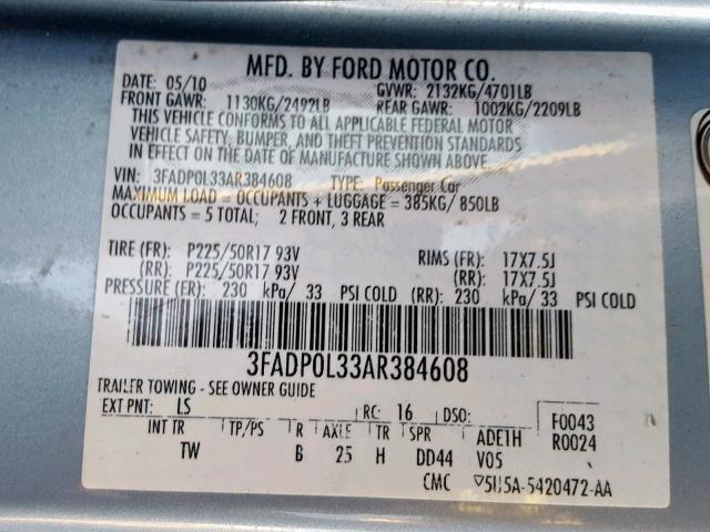 3FADP0L33AR384608 - 2010 FORD FUSION HYB BLUE photo 10