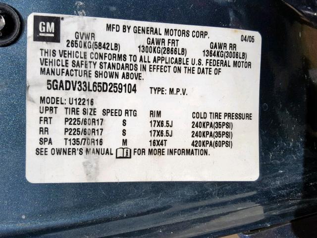 5GADV33L65D259104 - 2005 BUICK TERRAZA CX BLUE photo 10