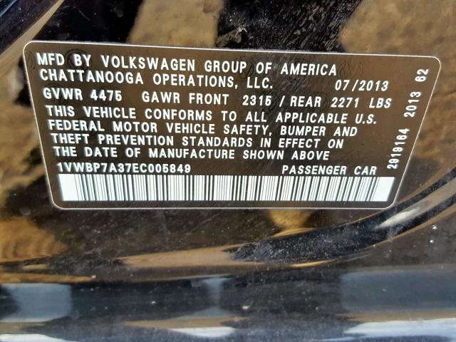 1VWBP7A37EC005849 - 2014 VOLKSWAGEN PASSAT SE BLACK photo 10