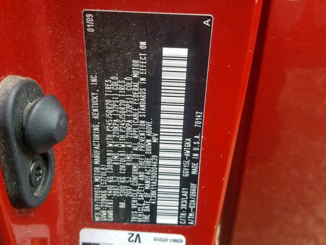 4T3BK11A29U004639 - 2009 TOYOTA VENZA BASE RED photo 10