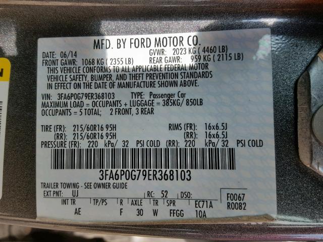 3FA6P0G79ER368103 - 2014 FORD FUSION S GRAY photo 10