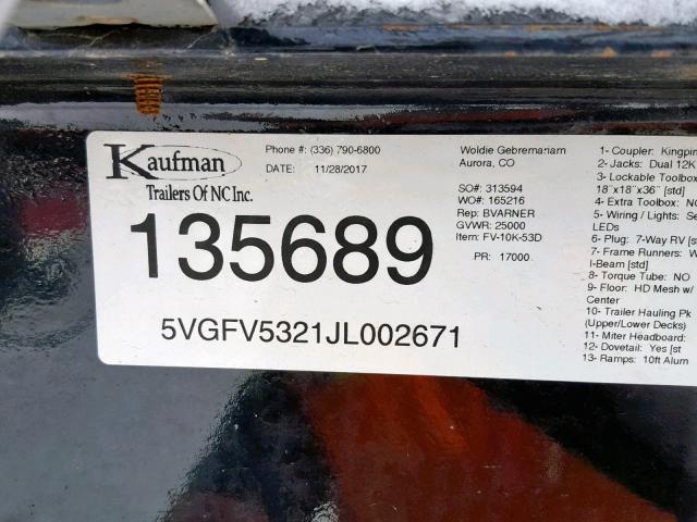 5VGFV5321JL002671 - 2018 KAUFMAN TRAILER BLACK photo 10