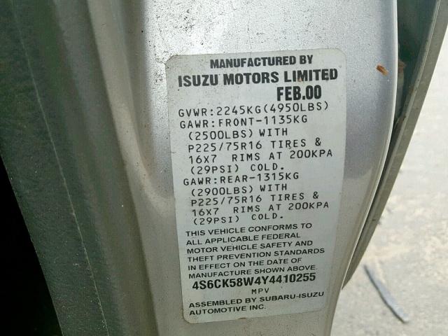 4S6CK58W4Y4410255 - 2000 HONDA PASSPORT E 银色 照片 10