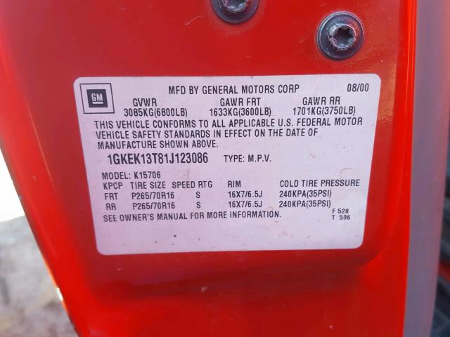 1GKEK13T81J123086 - 2001 GMC YUKON RED photo 10