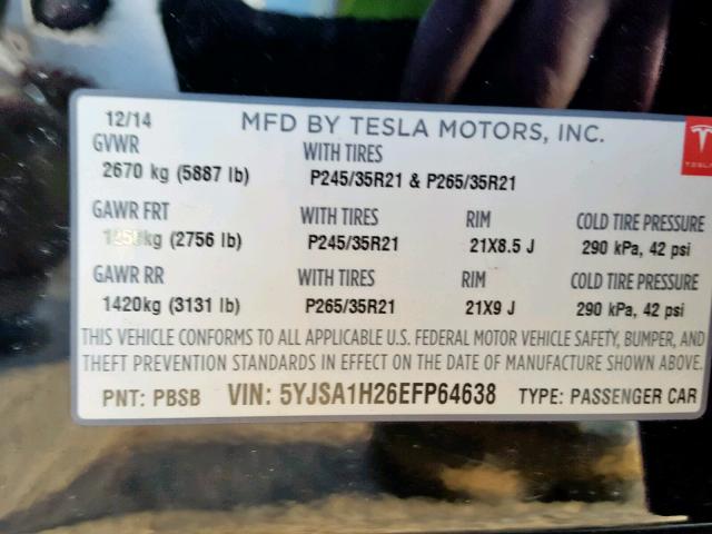 5YJSA1H26EFP64638 - 2014 TESLA MODEL S BLACK photo 10