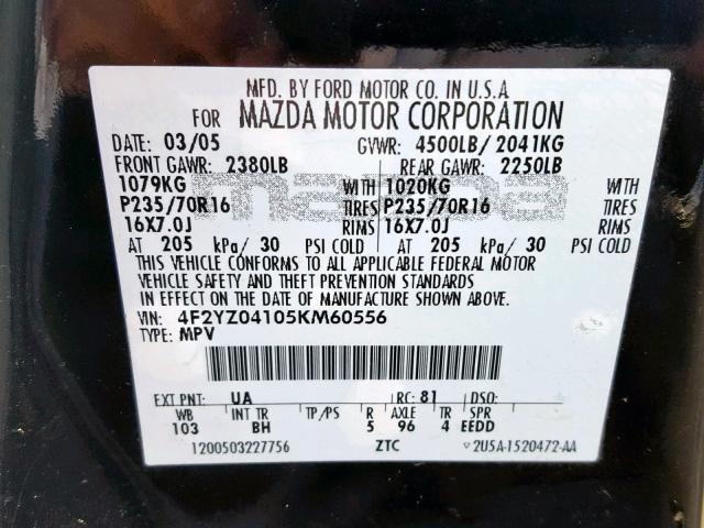 4F2YZ04105KM60556 - 2005 MAZDA TRIBUTE S BLACK photo 10