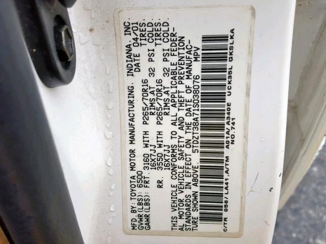 5TDZT38A71S038076 - 2001 TOYOTA SEQUOIA LI WHITE photo 10