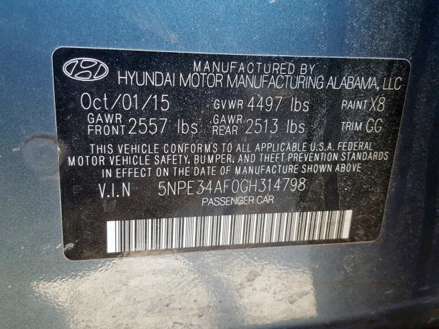 5NPE34AF0GH314798 - 2016 HYUNDAI SONATA SPO BLUE photo 10