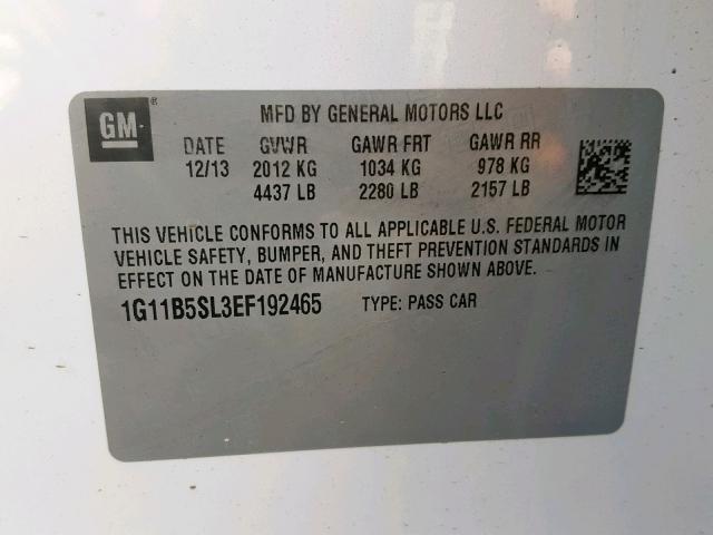 1G11B5SL3EF192465 - 2014 CHEVROLET MALIBU LS WHITE photo 10