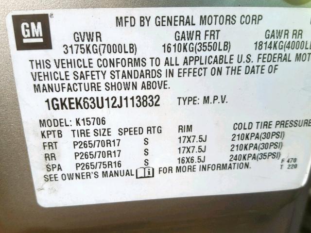 1GKEK63U12J113832 - 2002 GMC DENALI GOLD photo 10