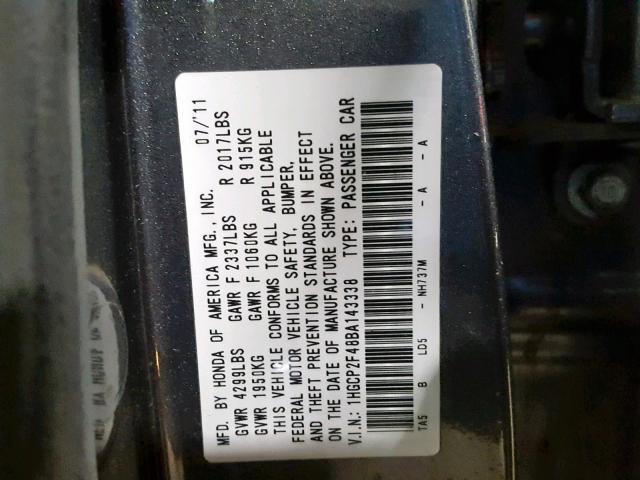 1HGCP2F48BA143338 - 2011 HONDA ACCORD LXP CHARCOAL photo 10