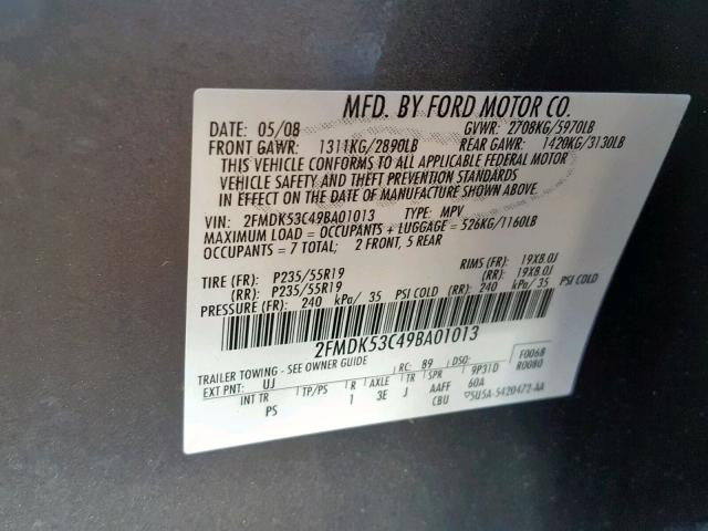 2FMDK53C49BA01013 - 2009 FORD FLEX LIMIT GRAY photo 10