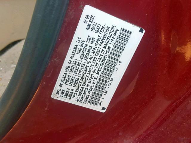 5FNRL38256B110249 - 2006 HONDA ODYSSEY LX RED photo 10