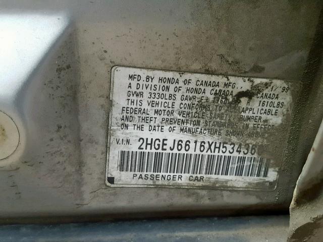 2HGEJ6616XH534360 - 1999 HONDA CIVIC BASE Gümüş foto 10